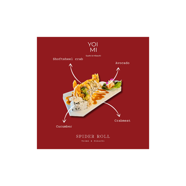 Image of a spider roll sushi with cucumber, avocado, crabmeat, and softshell crab on a red background.